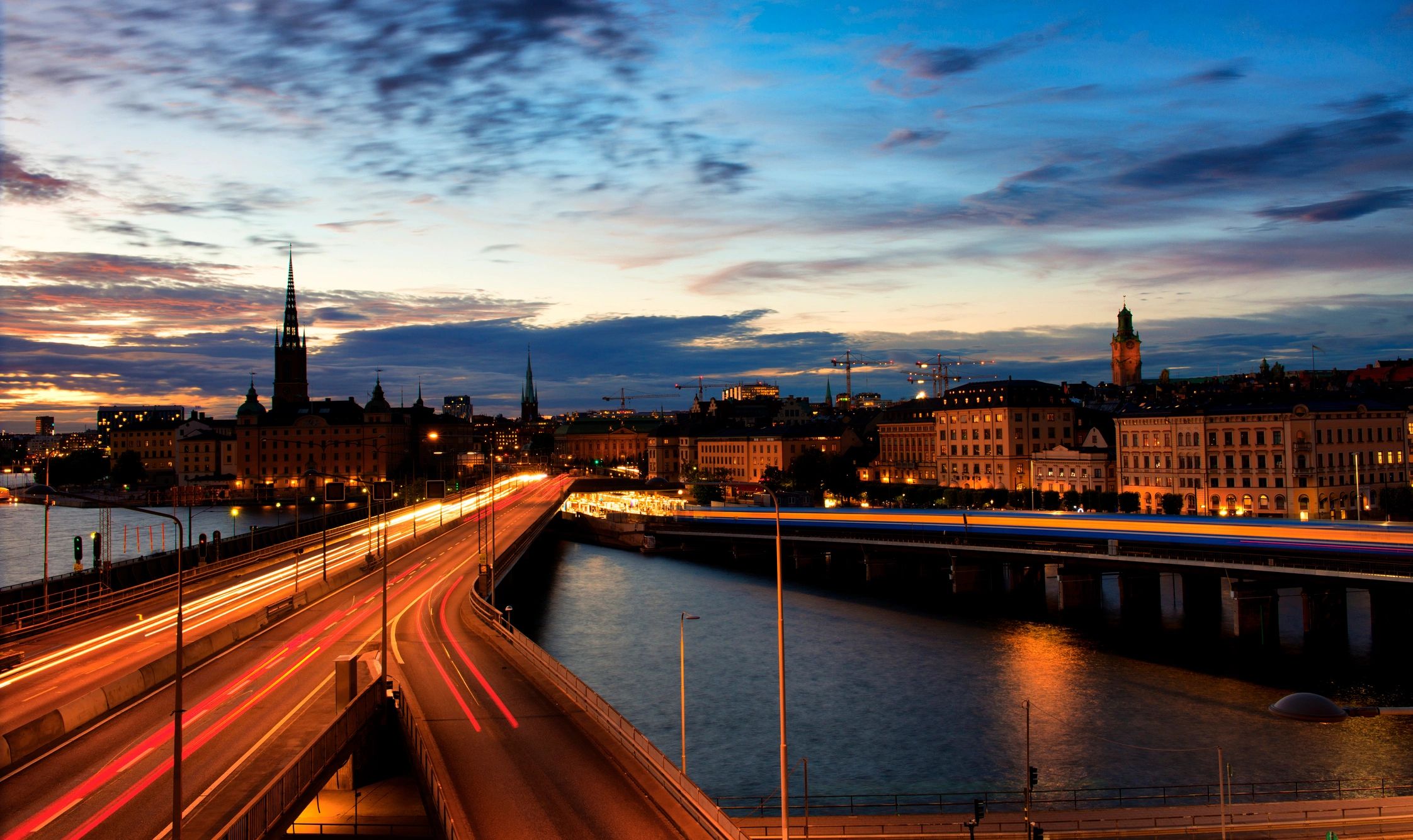 European city skyline at sunset
