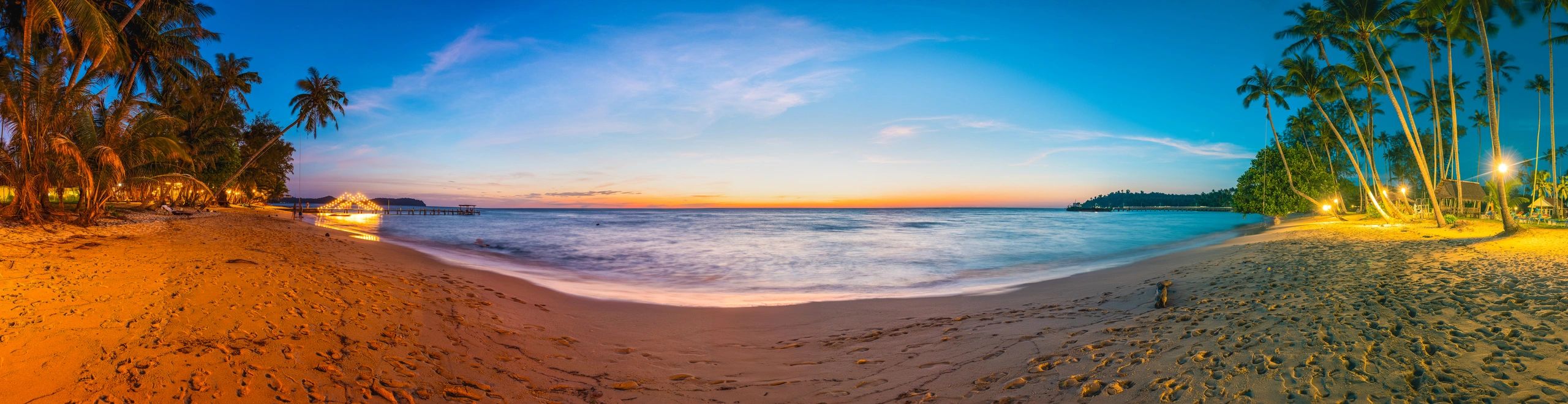 Palm-lined tropical beach at sunset