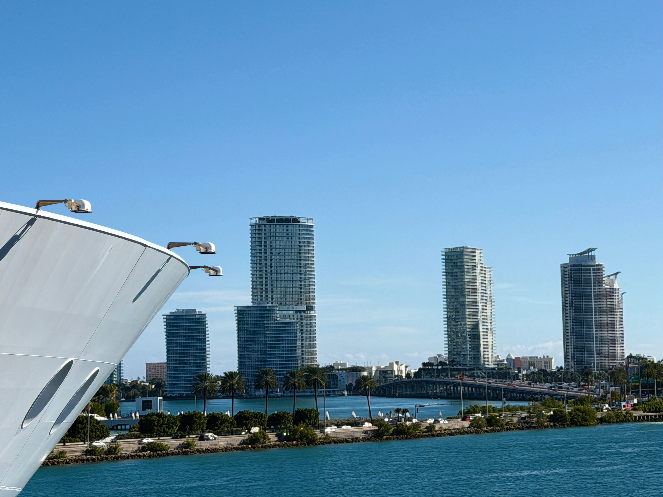 Cruise ship departing with a city skyline in the background